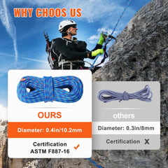 10.2mm Dynamic Climbing Rope, 40M(131ft) Outdoor Rock Climbing Rope 25KN Breaking Tension, Fiber Rope with Steel Snap Hooks for Escape, Rappelling, Fire Rescue, Blue