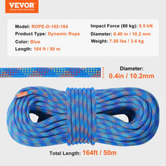 10.2mm Dynamic Climbing Rope, 50M(164ft) Outdoor Rock Climbing Rope 25KN Breaking Tension, Fiber Rope with Steel Snap Hooks for Escape, Rappelling, Fire Rescue, Blue