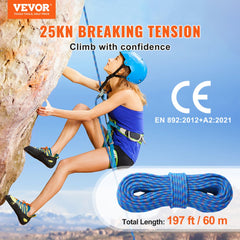 10.2mm Dynamic Climbing Rope, 60M(197ft) Outdoor Rock Climbing Rope 25KN Breaking Tension, Fiber Rope with Steel Snap Hooks for Escape, Rappelling, Fire Rescue, Blue