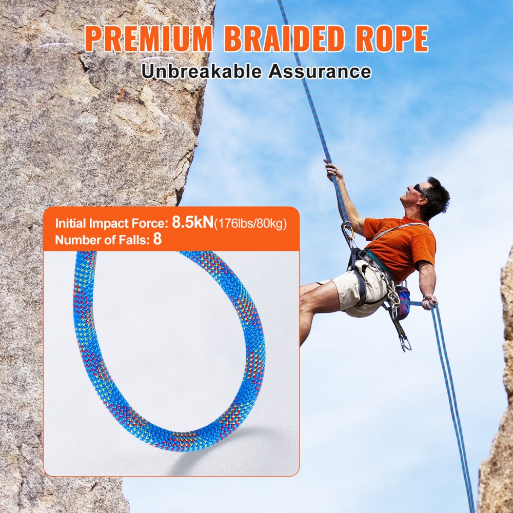 10.2mm Dynamic Climbing Rope, 60M(197ft) Outdoor Rock Climbing Rope 25KN Breaking Tension, Fiber Rope with Steel Snap Hooks for Escape, Rappelling, Fire Rescue, Blue