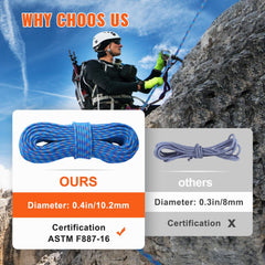 10.2mm Dynamic Climbing Rope, 60M(197ft) Outdoor Rock Climbing Rope 25KN Breaking Tension, Fiber Rope with Steel Snap Hooks for Escape, Rappelling, Fire Rescue, Blue