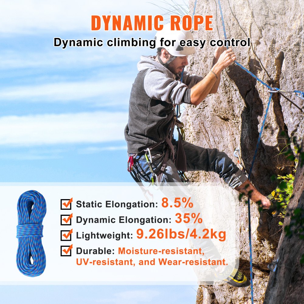 10.2mm Dynamic Climbing Rope, 60M(197ft) Outdoor Rock Climbing Rope 25KN Breaking Tension, Fiber Rope with Steel Snap Hooks for Escape, Rappelling, Fire Rescue, Blue
