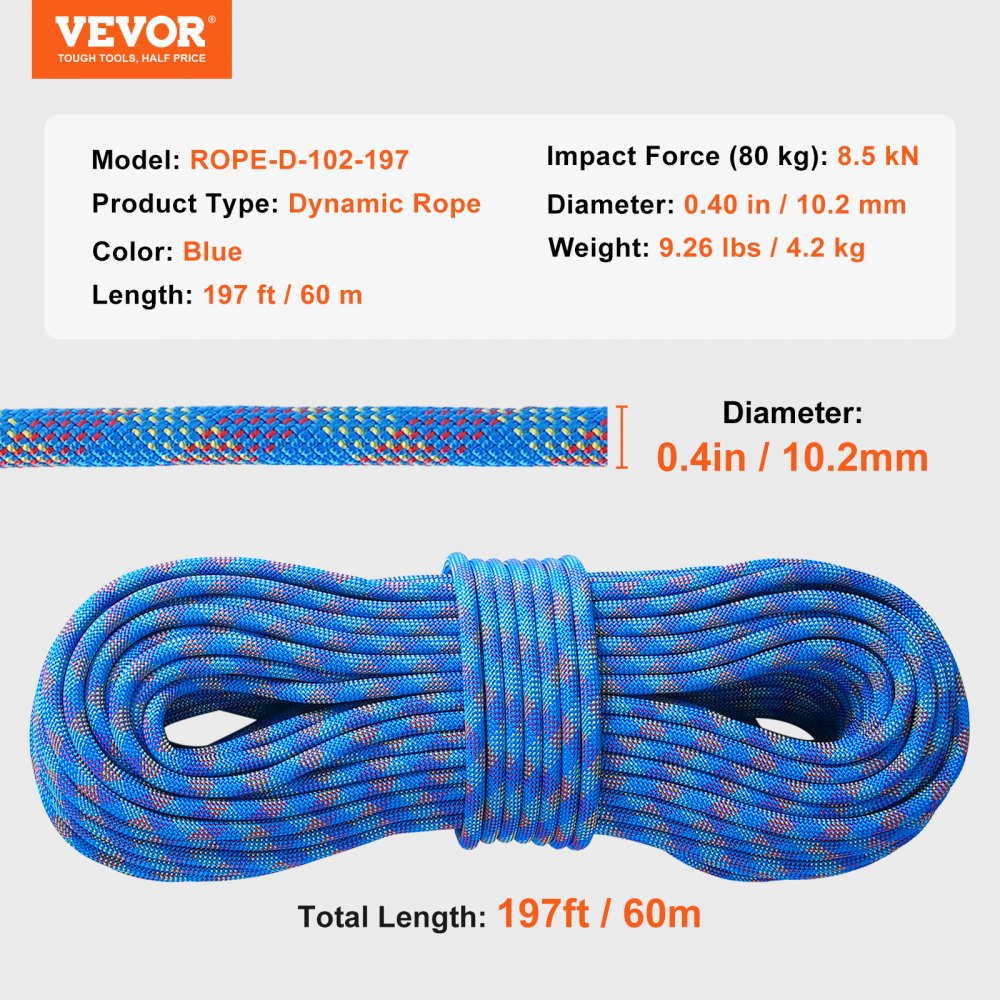 10.2mm Dynamic Climbing Rope, 60M(197ft) Outdoor Rock Climbing Rope 25KN Breaking Tension, Fiber Rope with Steel Snap Hooks for Escape, Rappelling, Fire Rescue, Blue