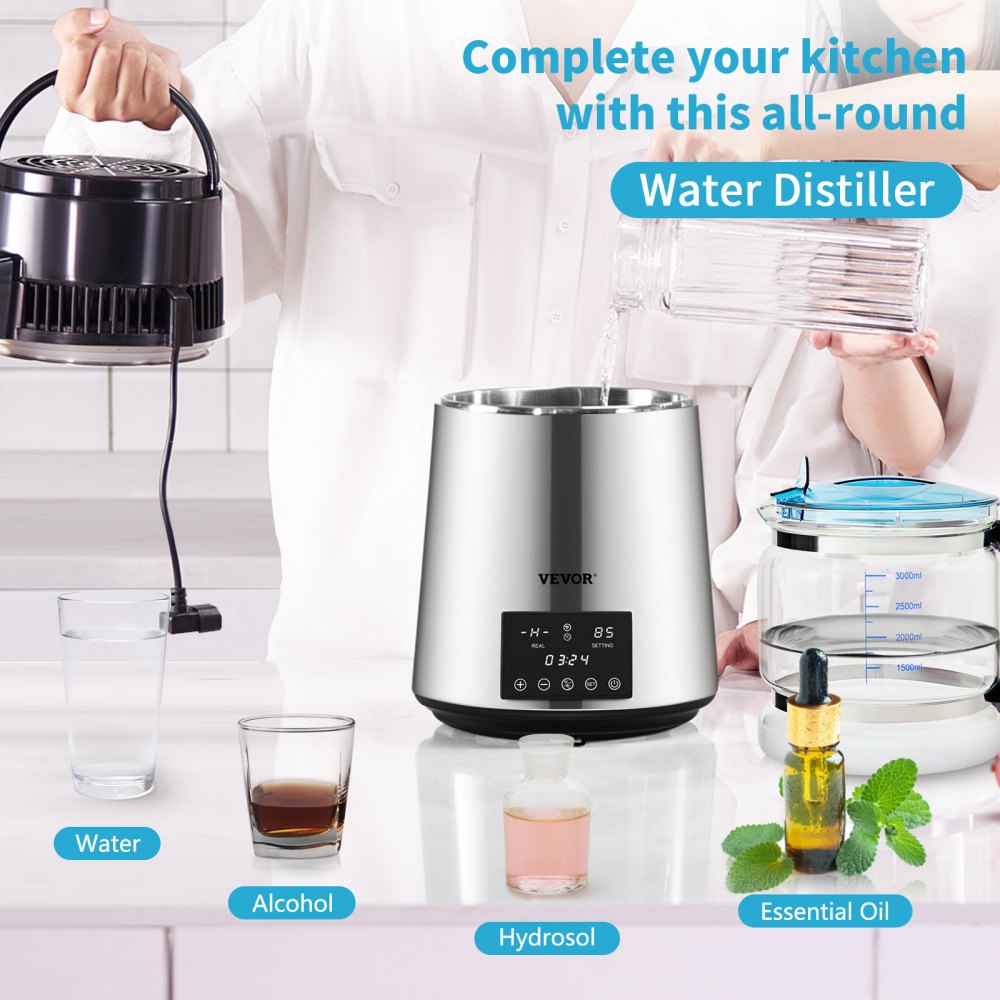1.1Gal Water Distiller, 0.3Gal/H, 750W Distilled Water Maker Machine 0-99H Timing Dual Temp Display, 304 Stainless Steel Countertop Distiller Glass Carafe Cleaning Powder 3 Carbon Packs, Silver