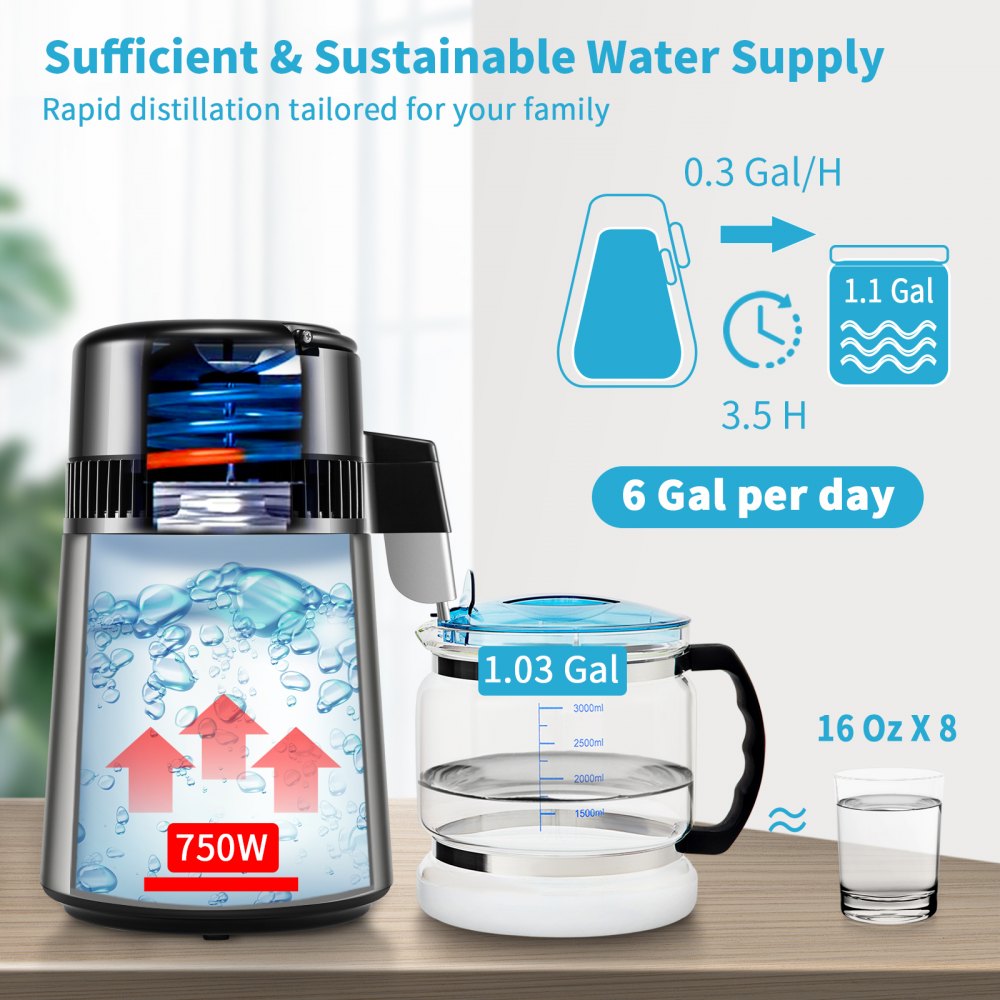 1.1Gal Water Distiller, 0.3Gal/H, 750W Distilled Water Maker Machine 0-99H Timing Dual Temp Display, 304 Stainless Steel Countertop Distiller Glass Carafe Cleaning Powder 3 Carbon Packs, Silver