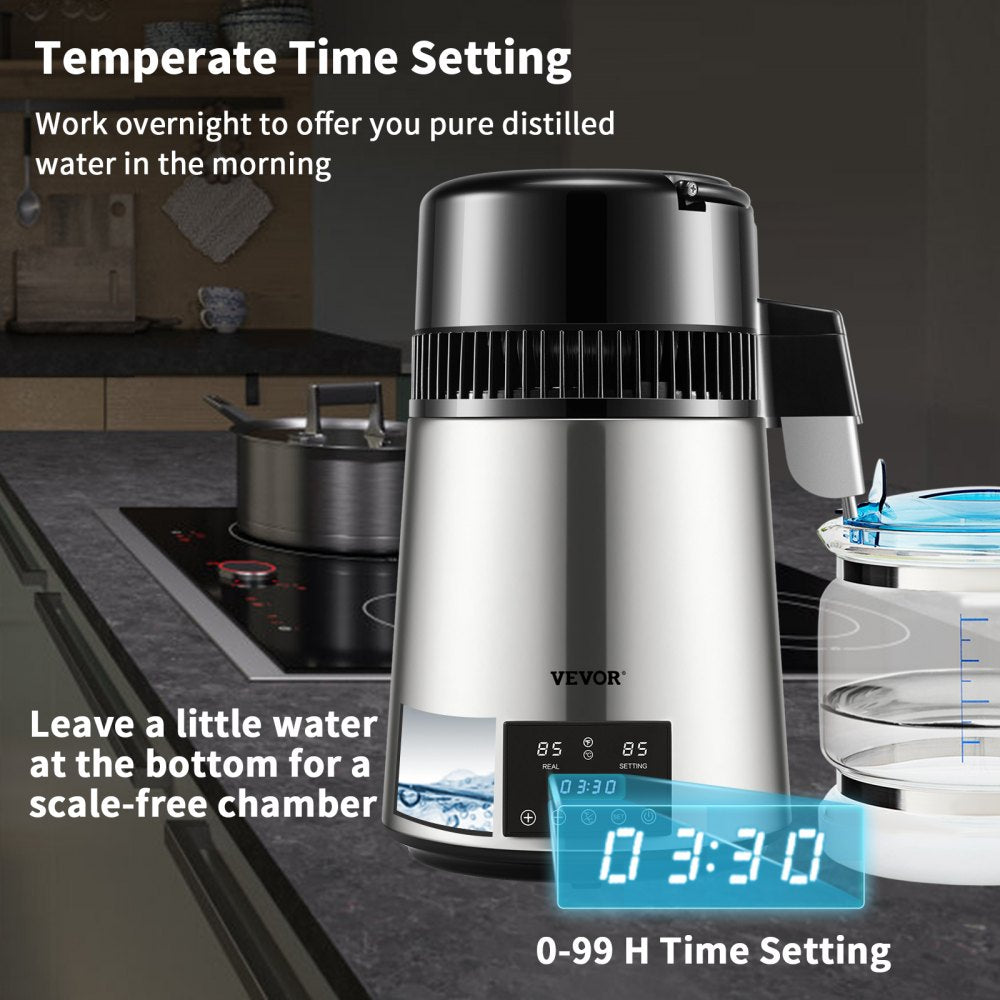 1.1Gal Water Distiller, 0.3Gal/H, 750W Distilled Water Maker Machine 0-99H Timing Dual Temp Display, 304 Stainless Steel Countertop Distiller Glass Carafe Cleaning Powder 3 Carbon Packs, Silver