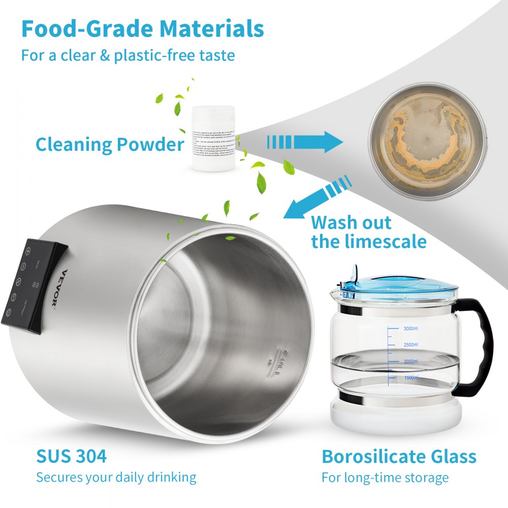 1.1Gal Water Distiller, 0.3Gal/H, 750W Distilled Water Maker Machine 0-99H Timing Dual Temp Display, 304 Stainless Steel Countertop Distiller Glass Carafe Cleaning Powder 3 Carbon Packs, Silver