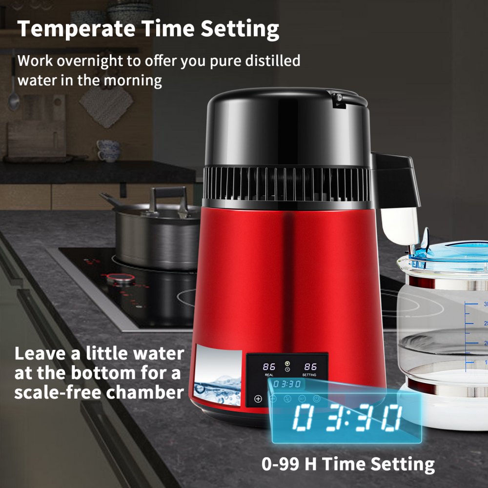 1.1Gal Water Distiller, 0.3Gal/H, 750W Distilled Water Maker Machine 0-99H Timing Dual Temp Display, 304 Stainless Steel Countertop Distiller Glass Carafe Cleaning Powder 3 Carbon Packs, Red
