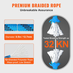 Blue 12.7mm static climbing rope, 125ft long, made of polyester with braided design.
