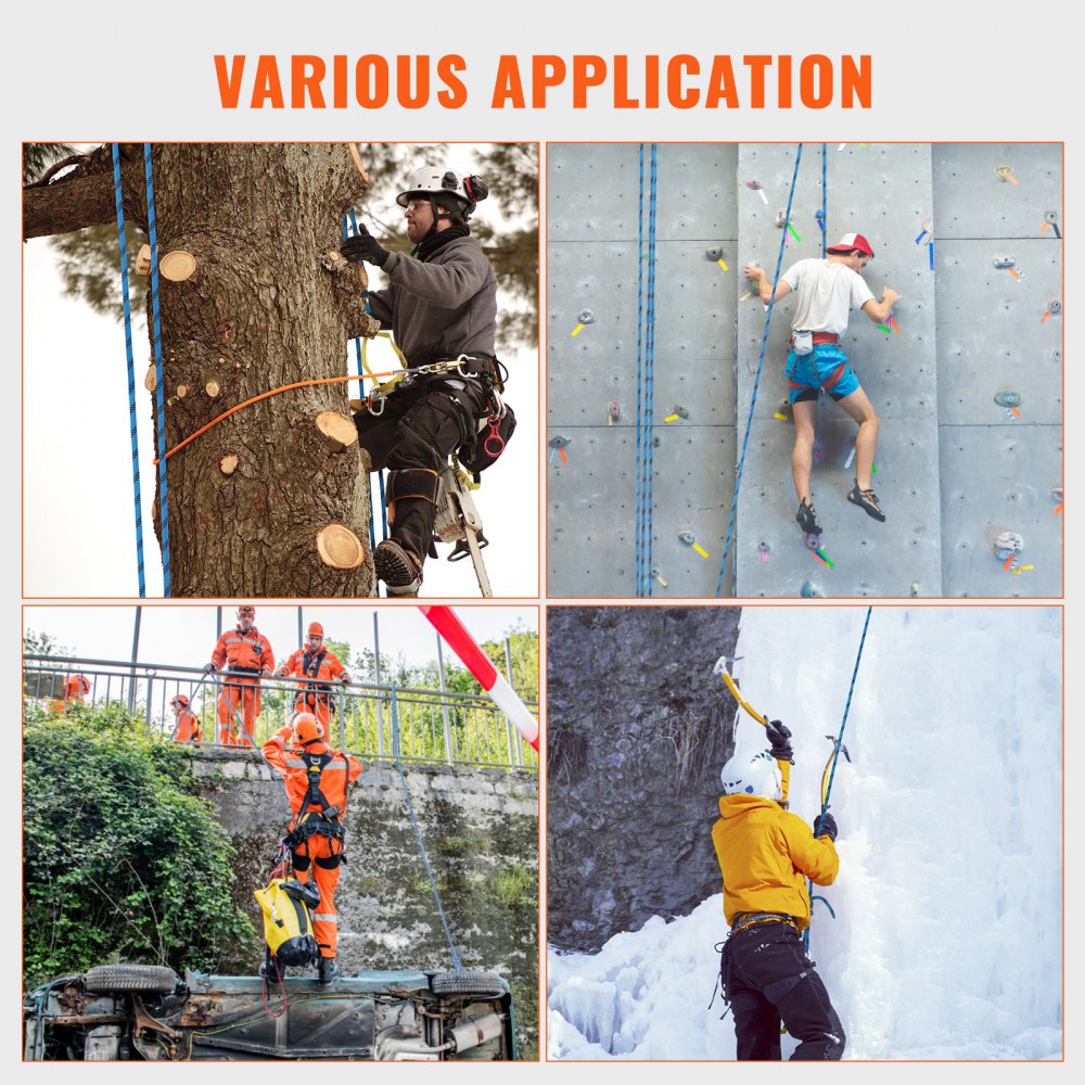 Collage of climbers using 125ft blue 12.7mm static rope for tree climbing, rock climbing, rescue, and ice climbing.