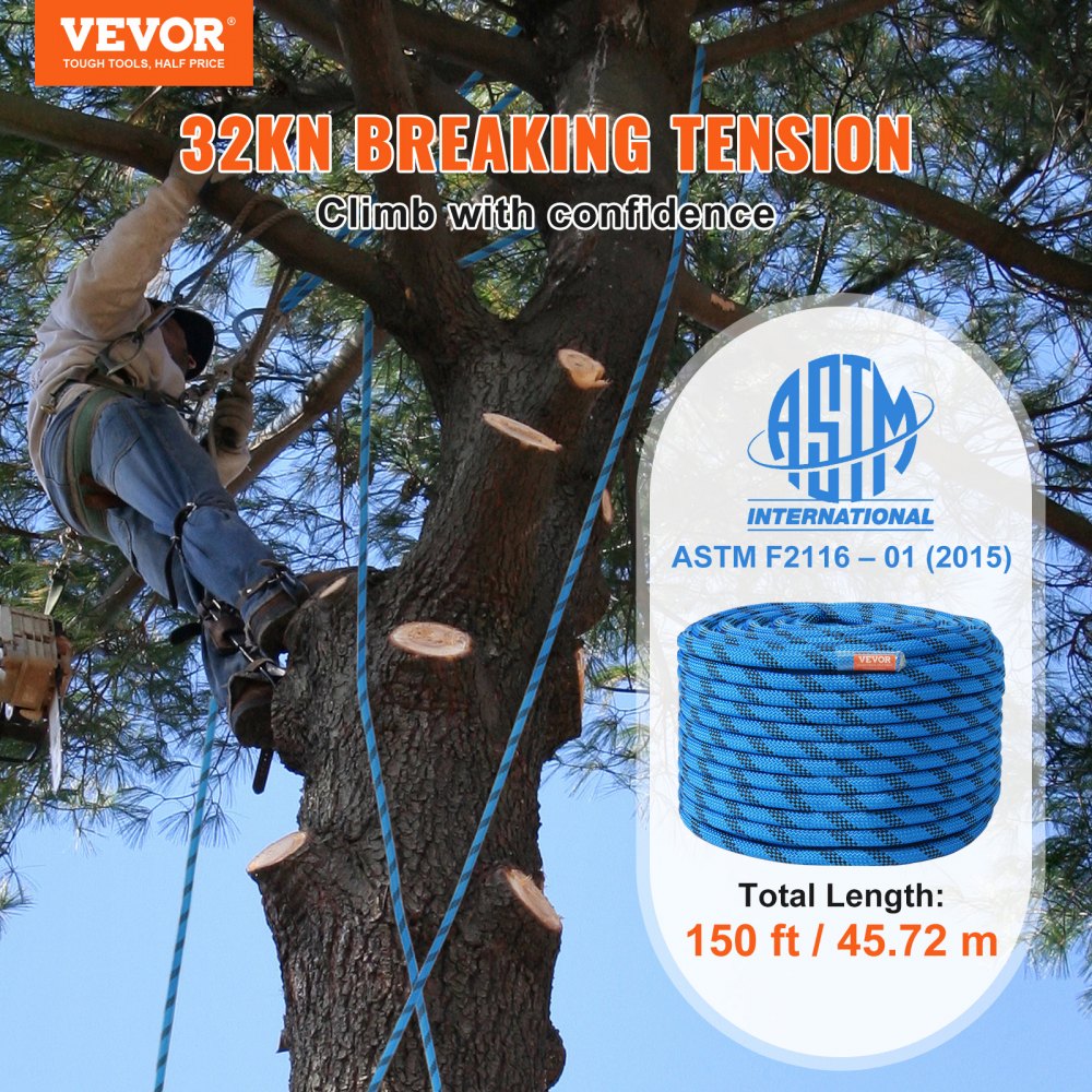 12.7mm Static Climbing Rope, 45.7M(150ft) Outdoor Rock Climbing Rope 32KN Breaking Tension, Fiber Rope with Steel Snap Hooks for Escape, Rappelling, Fire Rescue, Blue