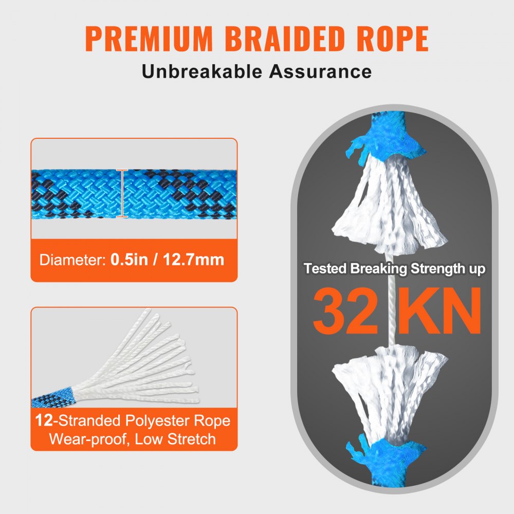12.7mm Static Climbing Rope, 45.7M(150ft) Outdoor Rock Climbing Rope 32KN Breaking Tension, Fiber Rope with Steel Snap Hooks for Escape, Rappelling, Fire Rescue, Blue