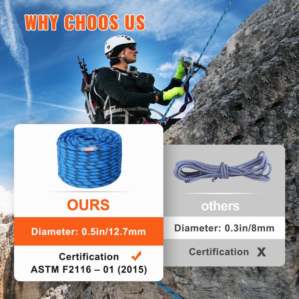 12.7mm Static Climbing Rope, 45.7M(150ft) Outdoor Rock Climbing Rope 32KN Breaking Tension, Fiber Rope with Steel Snap Hooks for Escape, Rappelling, Fire Rescue, Blue