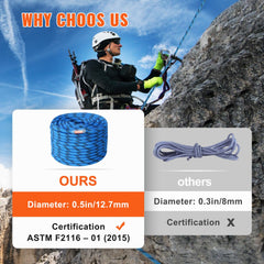 12.7mm Static Climbing Rope, 45.7M(150ft) Outdoor Rock Climbing Rope 32KN Breaking Tension, Fiber Rope with Steel Snap Hooks for Escape, Rappelling, Fire Rescue, Blue