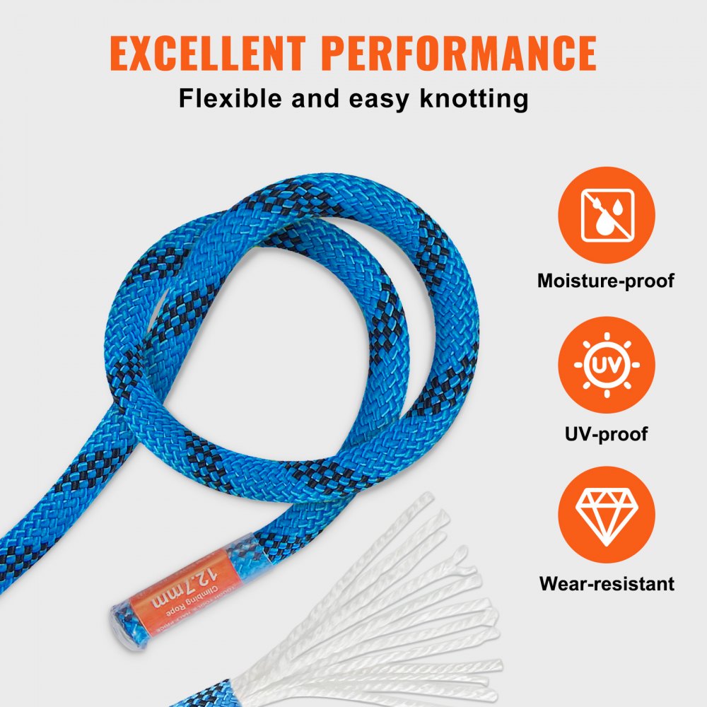 12.7mm Static Climbing Rope, 45.7M(150ft) Outdoor Rock Climbing Rope 32KN Breaking Tension, Fiber Rope with Steel Snap Hooks for Escape, Rappelling, Fire Rescue, Blue