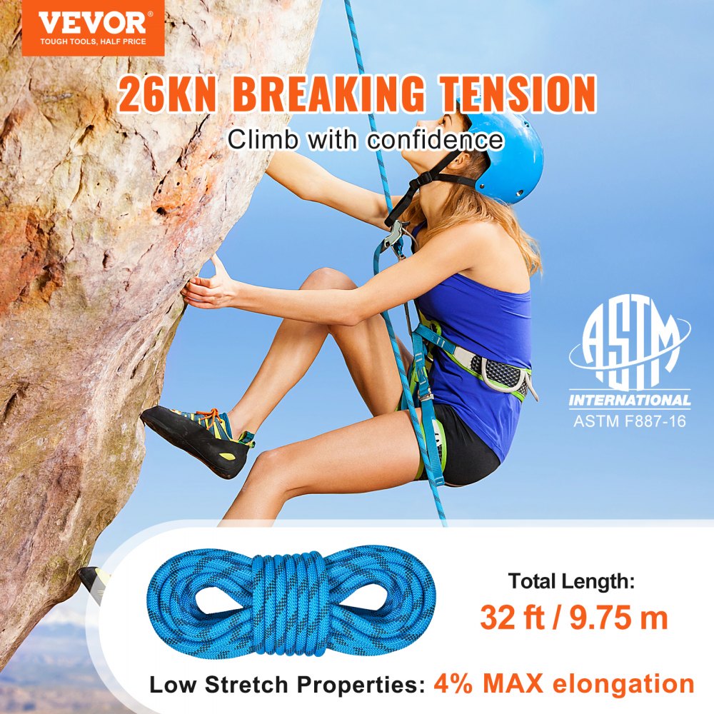 Static Climbing Rope, 32 ft Outdoor Rock Climbing Rope with 26KN Breaking Tension, 0.4`` /10 mm High Strength Safety Rope, Escape Rope with 2pcs Carabiner and Storage Bag