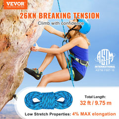 Static Climbing Rope, 32 ft Outdoor Rock Climbing Rope with 26KN Breaking Tension, 0.4`` /10 mm High Strength Safety Rope, Escape Rope with 2pcs Carabiner and Storage Bag