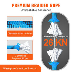 Static Climbing Rope, 32 ft Outdoor Rock Climbing Rope with 26KN Breaking Tension, 0.4`` /10 mm High Strength Safety Rope, Escape Rope with 2pcs Carabiner and Storage Bag