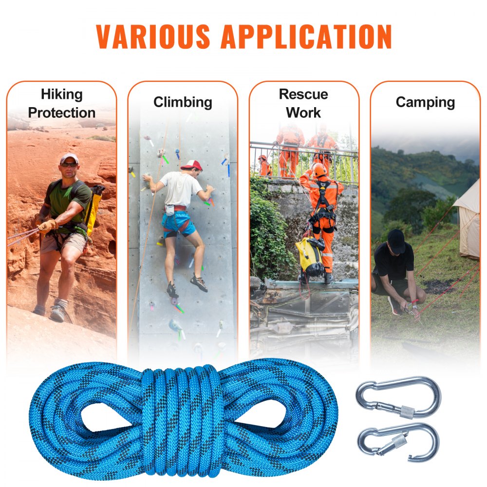 Static Climbing Rope, 32 ft Outdoor Rock Climbing Rope with 26KN Breaking Tension, 0.4`` /10 mm High Strength Safety Rope, Escape Rope with 2pcs Carabiner and Storage Bag