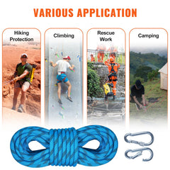 Blue 64 ft static climbing rope with two silver carabiners for hiking, climbing, rescue, and camping.