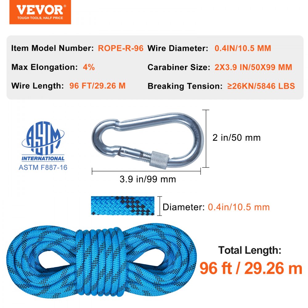 96 ft static climbing rope made of 10mm polyester with 26KN strength.