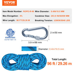 96 ft static climbing rope made of 10mm polyester with 26KN strength.