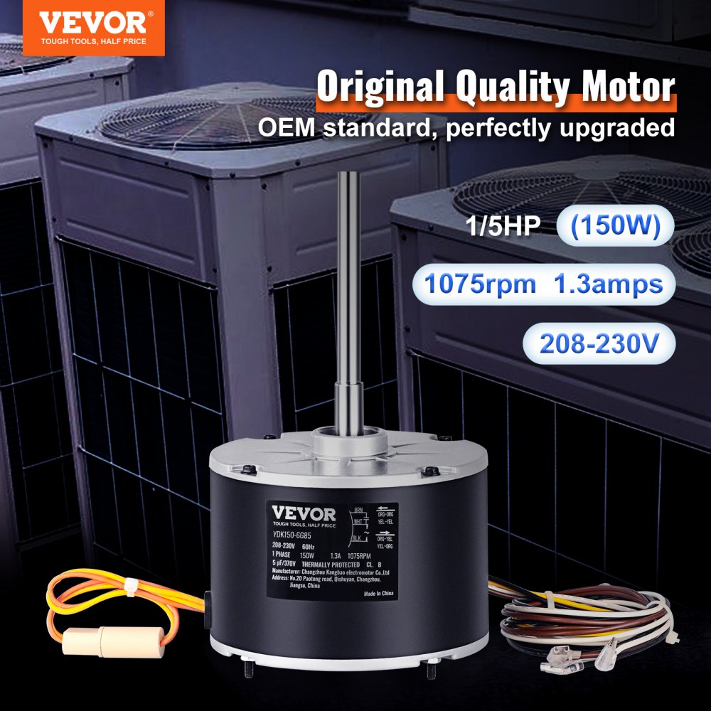 Condenser Fan Motor K55HXJKL-2918, 51-23055-11, 1/5 HP 208-230V, 1075RPM, OEM Standard Upgraded Replacement Condenser Motor Reversible Rotating, Explosion-proof CBB65 5μF/370V Capacitor