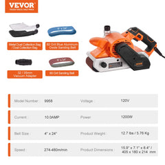 10AMP Belt Sander, 4" x 24" Belt Sanders for Woodworking with 6 Speeds 274-480 m/min, Powerful Sander Machine with 2 in 1 Vacuum Adapter, 2 Dust Bags, 2 Sanding Belts
