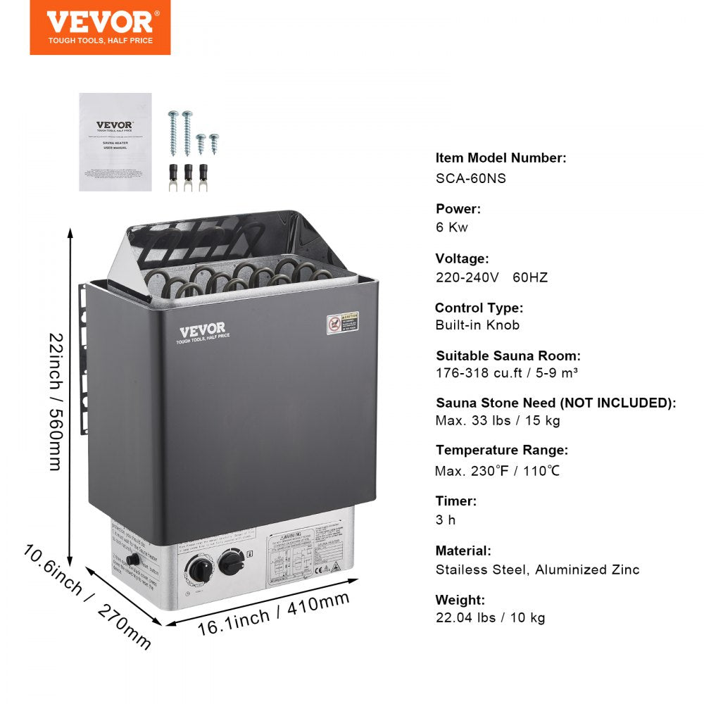 Sauna Heater, 6KW 220V Electric Sauna Stove, Steam Bath Sauna Heater with Built-In Controls, 3h Timer and Adjustable Temp for Max. 176-318 Cubic Feet, Home Hotel Spa Shower Use, FCC Certification
