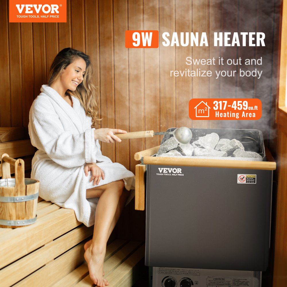 9KW Sauna Heater, Steam Bath Sauna Heater with Built-In Controls, Electric Sauna Stove, 3h Timer and Adjustable Temp for Max. 317-459 Cubic Feet, Home Hotel Spa Shower Use 220V, FCC Certification