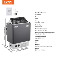 9KW Sauna Heater, Steam Bath Sauna Heater with Built-In Controls, Electric Sauna Stove, 3h Timer and Adjustable Temp for Max. 317-459 Cubic Feet, Home Hotel Spa Shower Use 220V, FCC Certification