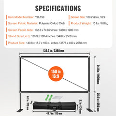 Projector Screen with Stand 150inch Portable Movie Screen 16:9 4K HD Wide Angle Outdoor Projector Screen Stand Easy Assembly with Storage Bag for Home Theater Office Outdoor Use