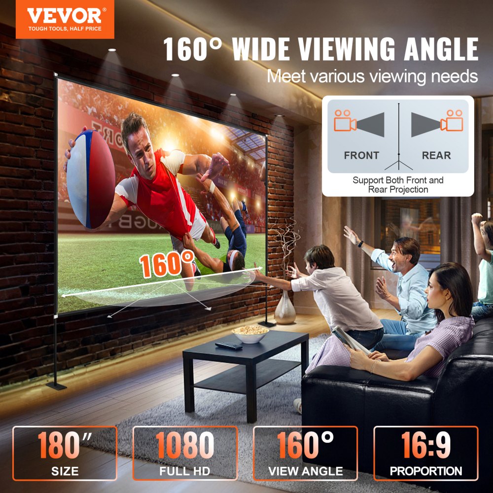 Movie Screen with Stand 180inch Portable Projector Screen 16:9 4K HD Wide Angle Outdoor Projector Screen with Stand Easy Assembly with Storage Bag for Indoor and Outdoor Use