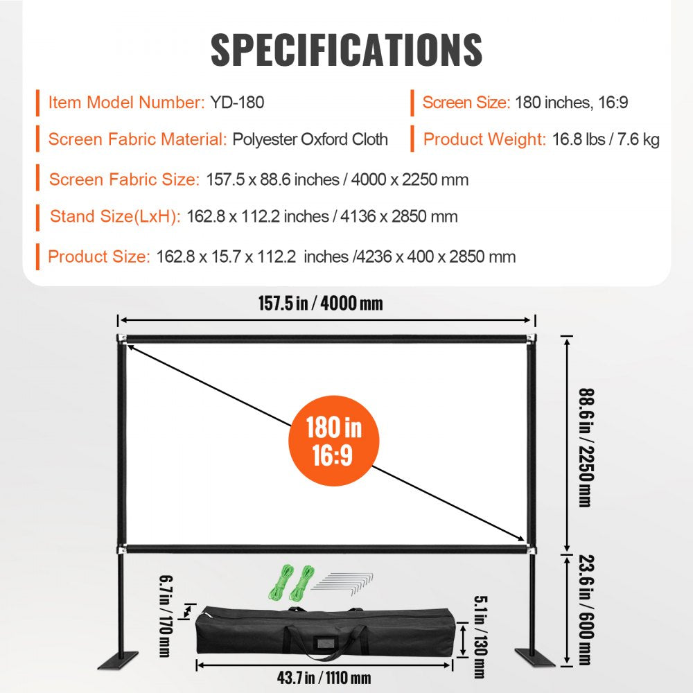 Movie Screen with Stand 180inch Portable Projector Screen 16:9 4K HD Wide Angle Outdoor Projector Screen with Stand Easy Assembly with Storage Bag for Indoor and Outdoor Use