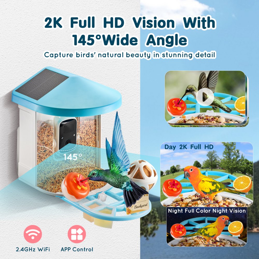 Smart bird feeder with 2K camera, solar panels, and AI species identification features.