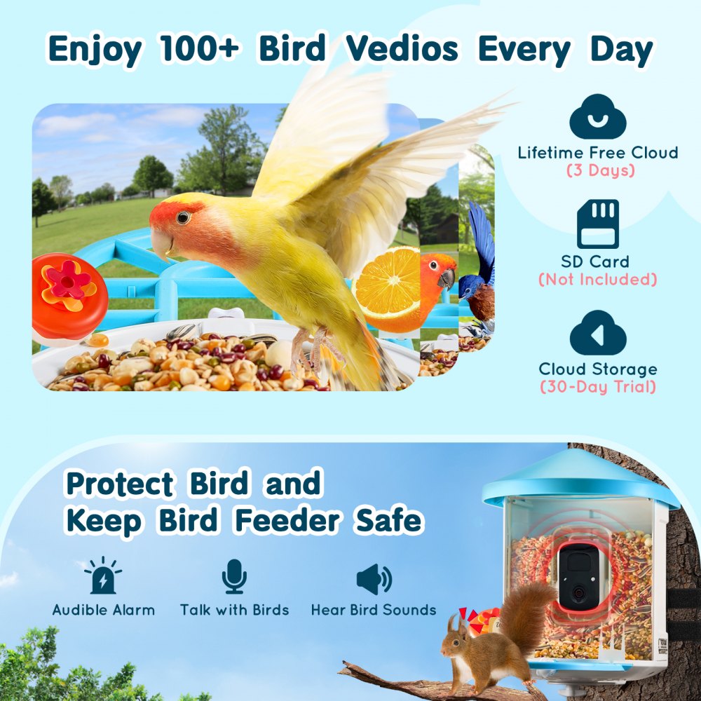Smart bird feeder with 2K camera, solar panels, and AI species identification features.