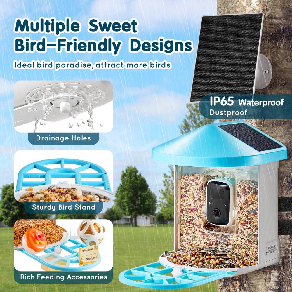 Smart bird feeder with 2K camera, solar panels, and AI species identification features.