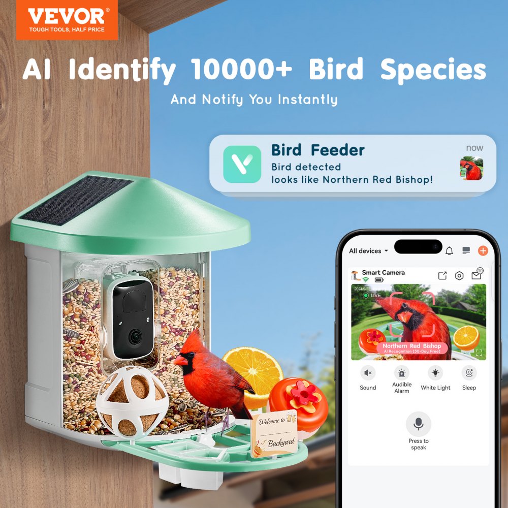 Green solar-powered smart bird feeder with camera, seeds, and app showing identified red bird.