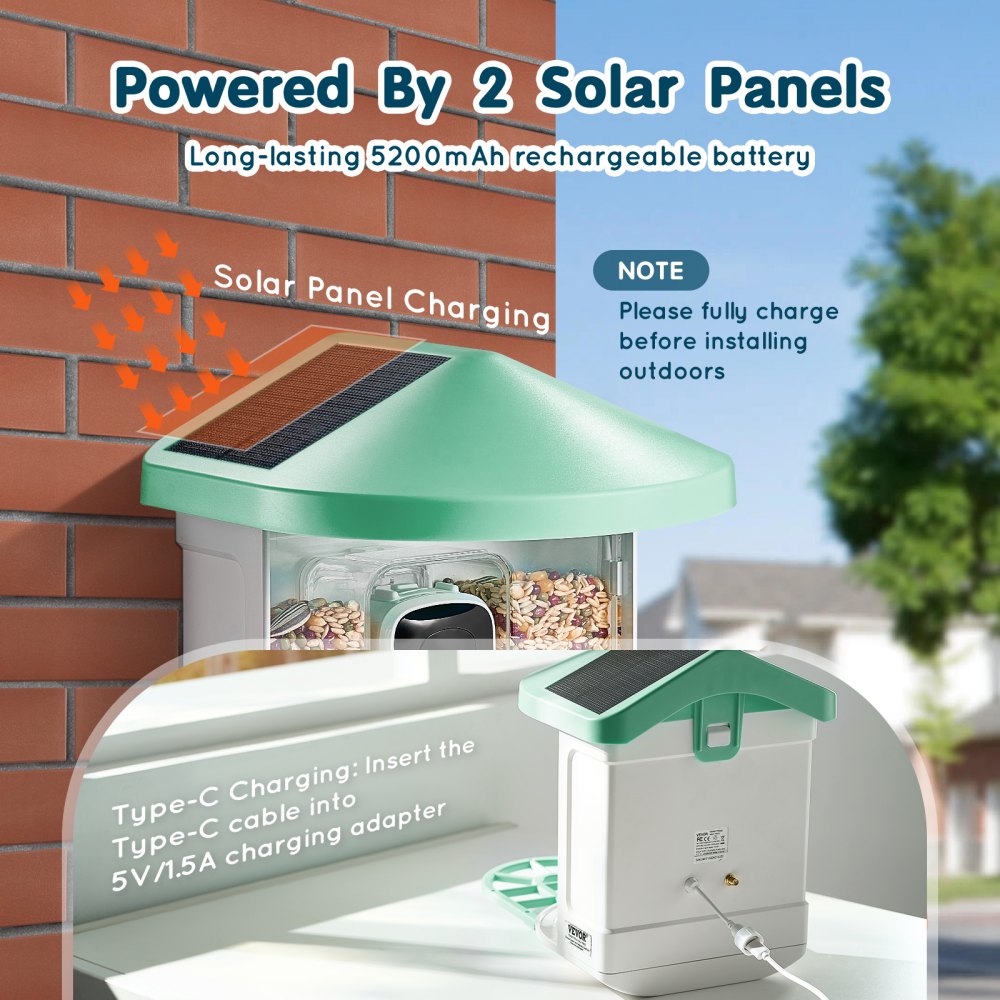 Solar-powered smart bird feeder with 2K HD camera and dual solar panels on green roof.