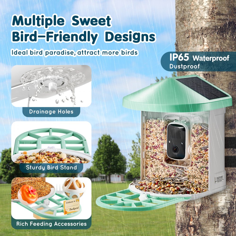 Green smart bird feeder with solar panel, HD camera, drainage holes, and bird food.