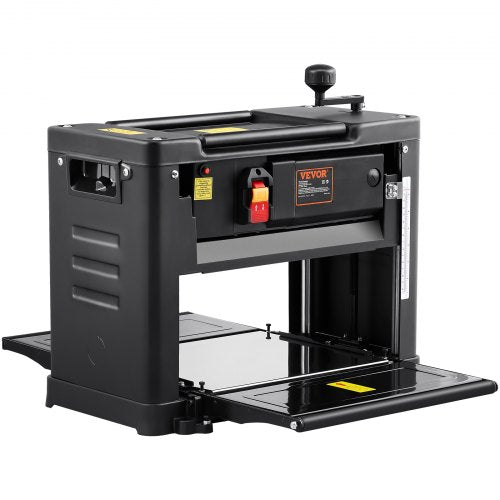 A black Bostome 13-inch benchtop thickness planer with a red power switch.