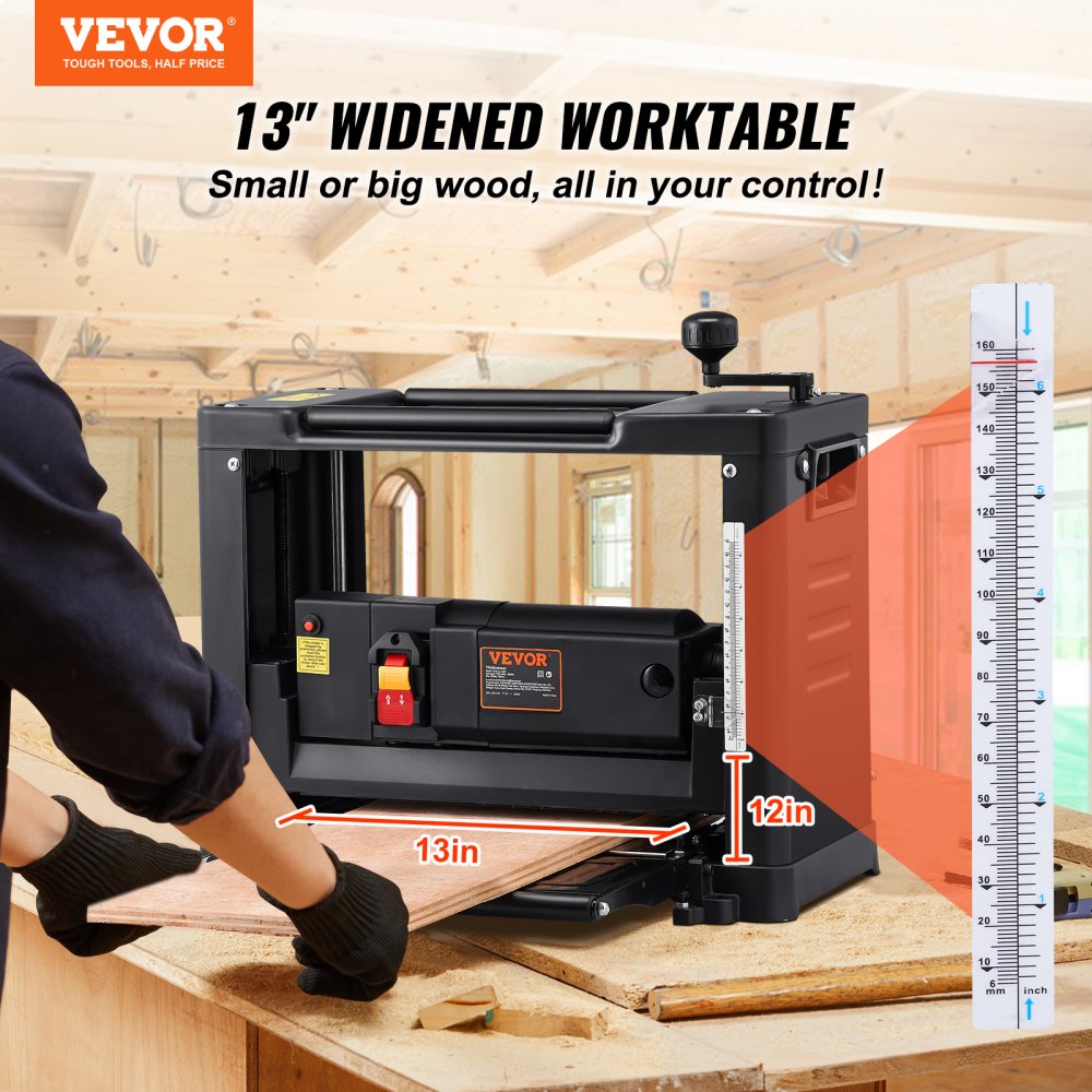 Bostome 13-inch benchtop thickness planer with cast-iron table and single-speed motor.