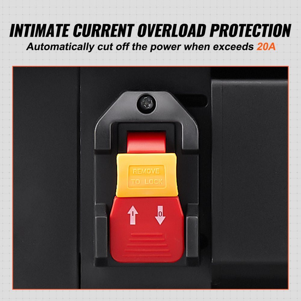 Close-up of red reset button on 20A overload protection switch for thickness planer.