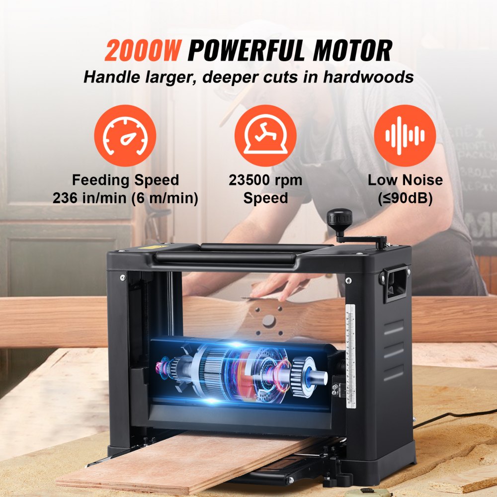 13-inch benchtop thickness planer with 1800W motor, cast-iron table, and two-knife cutterhead.