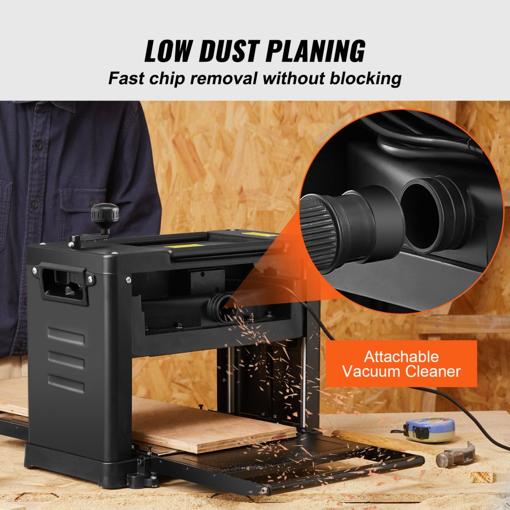 13-inch benchtop thickness planer with attachable vacuum cleaner for low-dust chip removal.