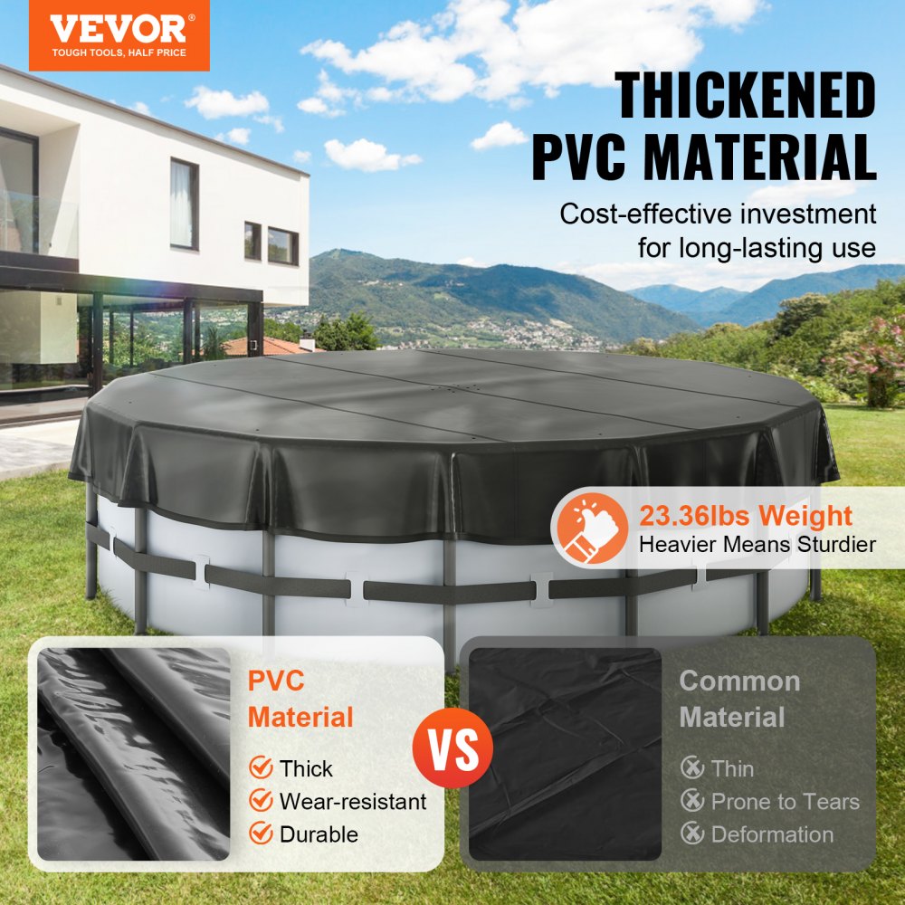 18 Ft Round Pool Cover, Solar Covers for Above Ground Pools, Safety Pool Cover with Drawstring Design, PVC Summer Pool Cover, Waterproof and Dustproof, Black