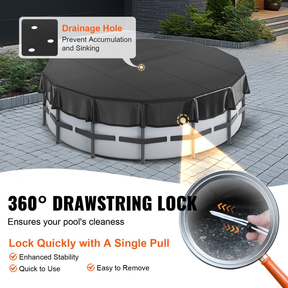 18 Ft Round Pool Cover, Solar Covers for Above Ground Pools, Safety Pool Cover with Drawstring Design, PVC Summer Pool Cover, Waterproof and Dustproof, Black