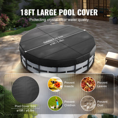18 Ft Round Pool Cover, Solar Covers for Above Ground Pools, Safety Pool Cover with Drawstring Design, 420D Oxford Fabric Summer Pool Cover, Waterproof and Dustproof, Black