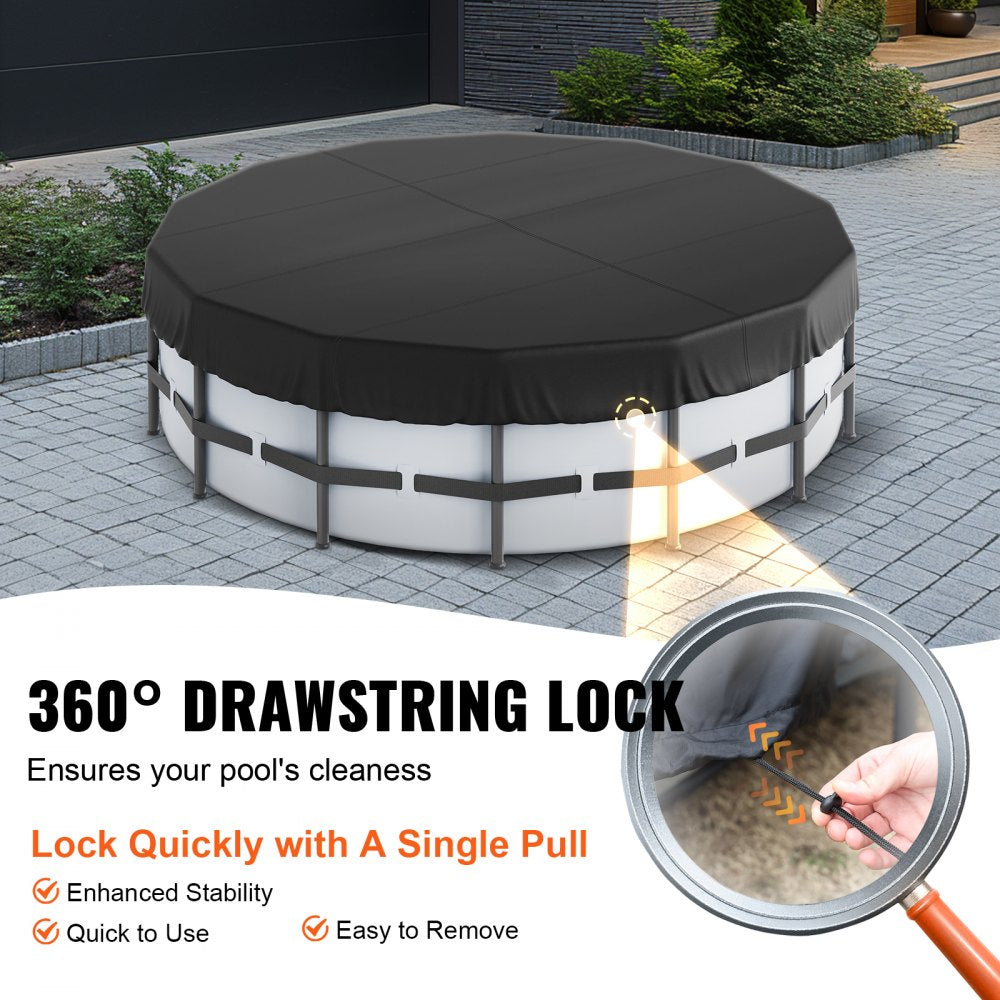 18 Ft Round Pool Cover, Solar Covers for Above Ground Pools, Safety Pool Cover with Drawstring Design, 420D Oxford Fabric Summer Pool Cover, Waterproof and Dustproof, Black