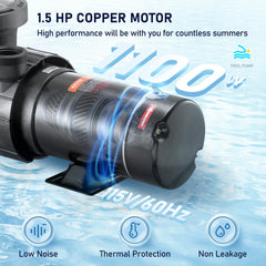Swimming Pool Pump 1.5HP 115V 1100W, Single Speed Pumps for Above Ground, 5280 GPH Max. Flow, Certification of ETL for Security